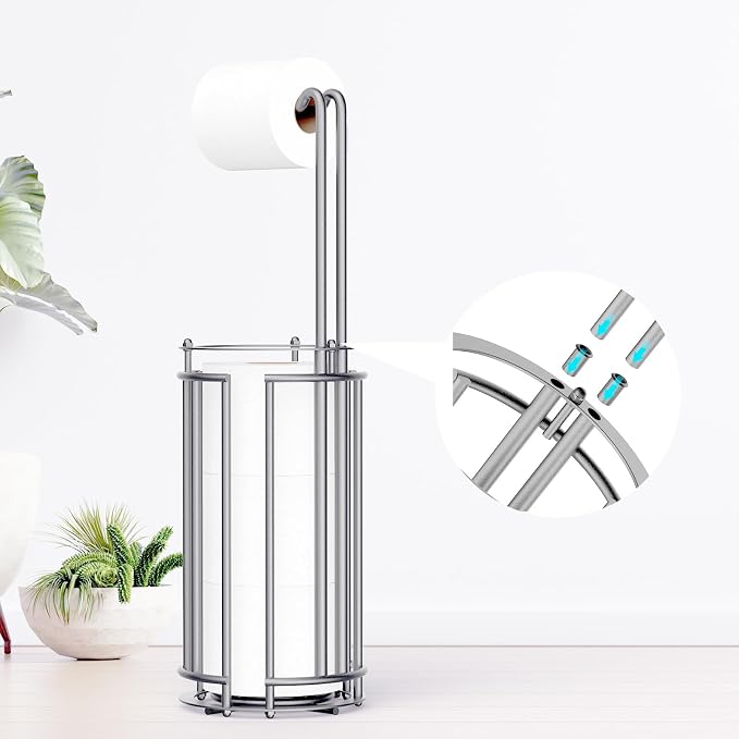 Meangood Toilet Paper Holder Stand and Tissue Paper Roll Dispenser for 4 Mega Rolls, Bathroom Free Standing Tissue Roll Storage Holder Rack, Detachable (Matte Silver)