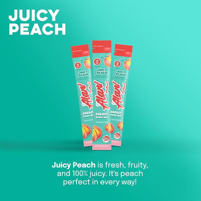 Alani Nu JUICY PEACH Energy Sticks | Energy Drink Powder | 200mg Caffeine | Pre Workout Performance with Antioxidants | On-The-Go Drink Mix | Biotin, B Vitamins | Zero Sugar | 10 Calories | 10 Pack