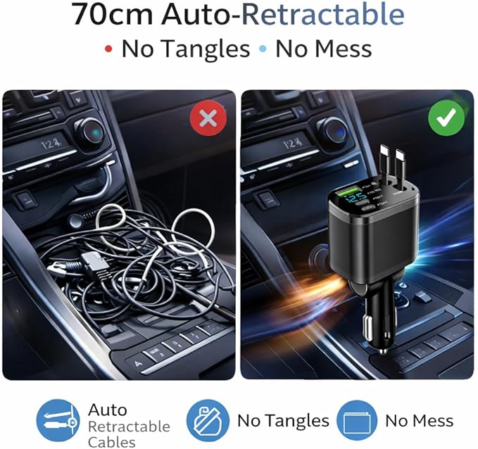 Mizi [2025 Upgraded] Retractable Car Charger 5 in 1, 69W Fast Charging with 2X Retractable Cords [Type-C], 2X Type-C & 1X Type-A Port for iPhone 16/15/14/13/12, Samsung, and More – Black