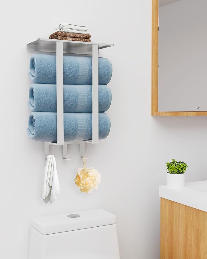 Bethom Towel Rack Wall Mounted with 3 Hooks for Bathroom, Brushed | Stainless Steel Towel Storage for Small Bathroom, for Rolled Bath Towels