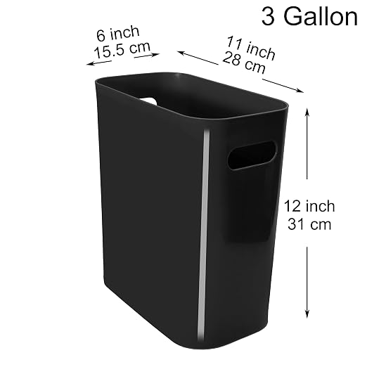 Youngever 2 Pack 3 Gallon Slim Trash Can, Plastic Garbage Container Bin, Trash Bin with Handles for Home Office, Living Room, Study Room, Kitchen, Bathroom (Black)