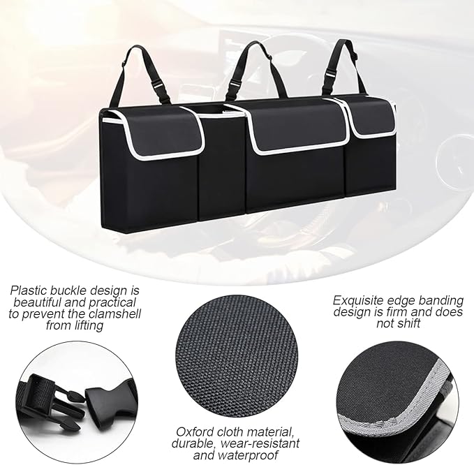 Car Trunk Organizer with Lid, Backseat Hanging Storage Bag with 4 Pockets & 3 Adjustable Straps, Waterproof PVC Collapsible Cargo Bag, Car Interior Accessories for Auto SUV MPV