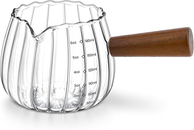 Espresso Cups 6 Oz, Espresso Measuring Cup with Wood Handle, Milk Frothing Cup, Glass Measuring Cup for Coffee, Milk, Tea or Maple Syrup Serving