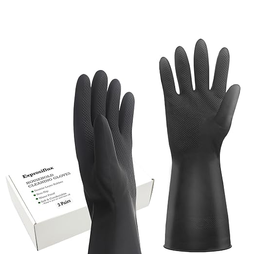 Heavy-Duty Thick Black Rubber Cleaning Gloves, 3 Pairs, XL | Reusable & waterproof black/orange dual layers. Non-slip design for dishwashing, kitchen cleaning, and auto care.