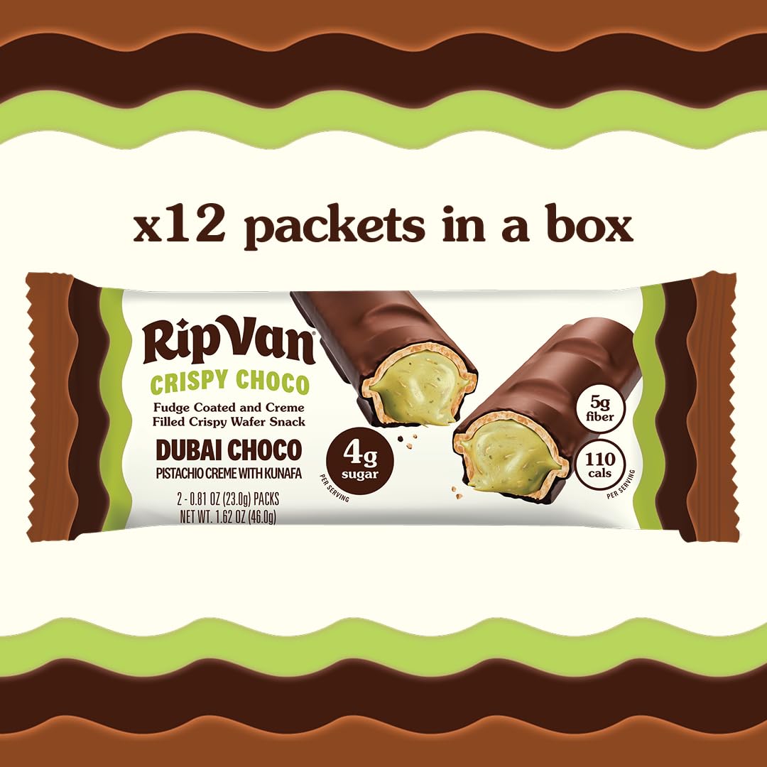 Rip Van Dubai Chocolate Bar Crispy Choco – Healthy Snack with Creamy Pistachio & Toasted Kunafa – Dubai Choco Flavor – 4g Sugar, 5g Fiber – Guilt-Free Indulgence – 12 Pack