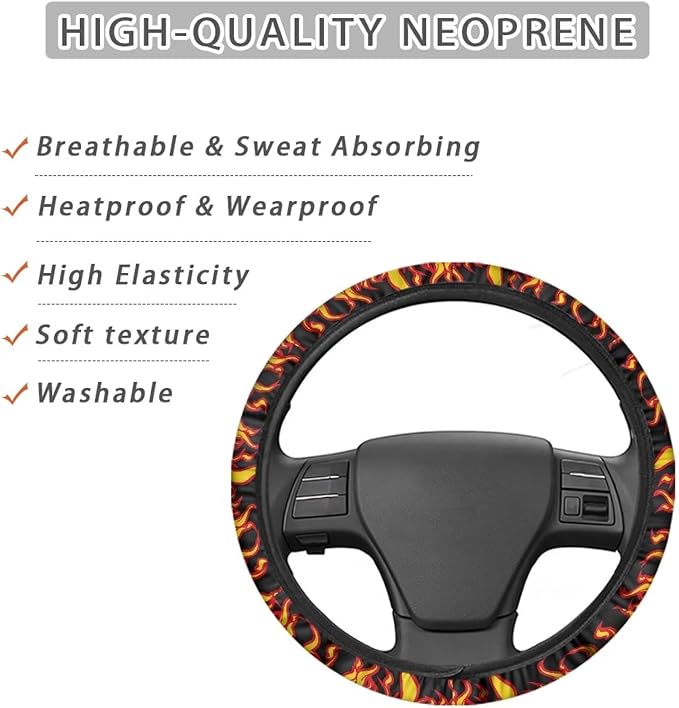 AFPANQZ Flames Pattern Car Steering Wheel Covers Sweat Anti-Slip Soft Grip Universal 14-15 inch Stretch-on Fabric Steering Wheel Protector Fits Sedans SUV Vans Trucks Red