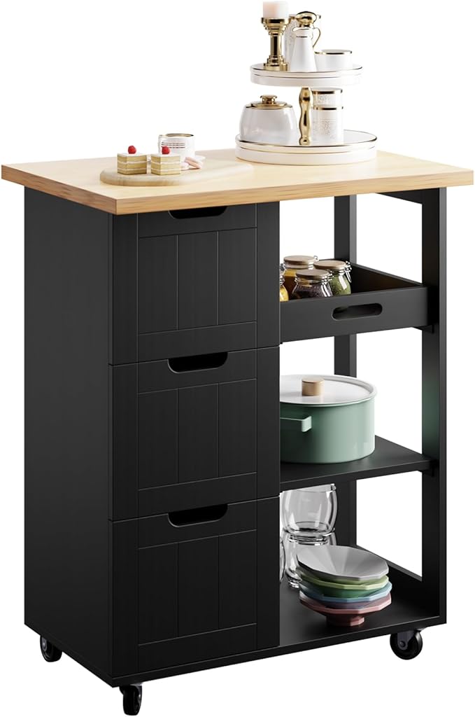 SUNLEI Kitchen Island with Storage Cart Rolling Coffee Small Butcher Block Table Microwave with 3 Drawers on Wheels Station Portable Mobile Narrow Moveable Utility Counter Wood Top Spaces Bar Food