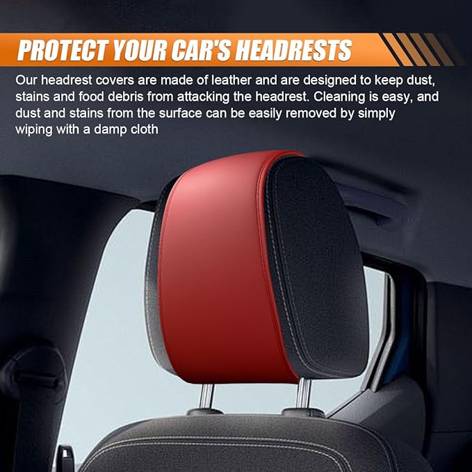 2PCS Car Headrest Covers for Back Seat, Leather Dirt-Proof Car Seat Head Rest Protector with Pocket, All Season Universal Auto Interior Decoration Headrest Organizer for Phone, Key (Wine Red)
