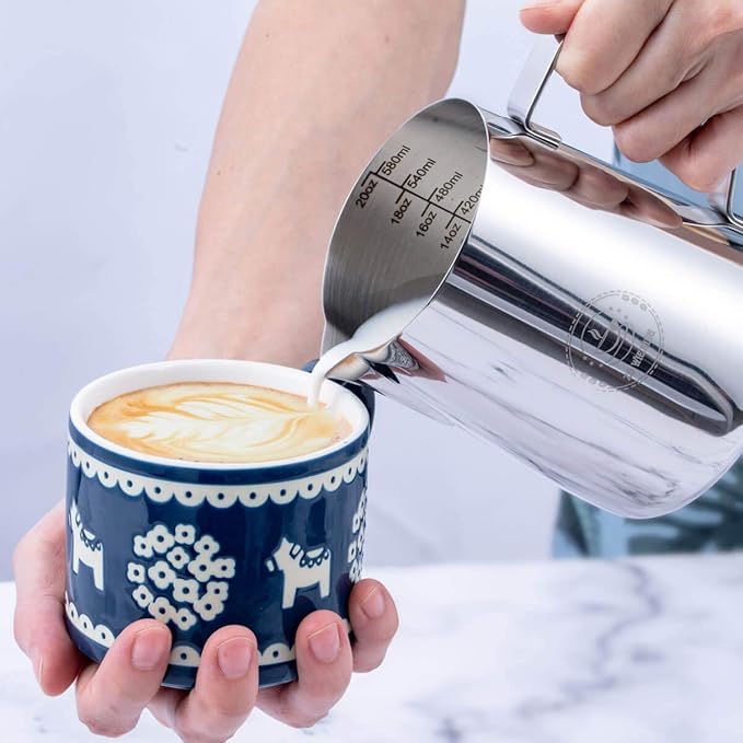Milk Frothing Pitcher 20oz,Espresso Steaming Pitchers 600ml,Espresso Machine Accessories,Milk Frother cup 20 Oz, Coffee Cappuccino Latte Art,Stainless Steel Jug Cup with Decorating Art Pen