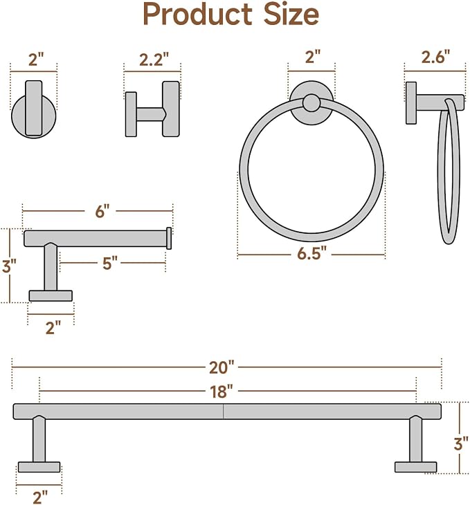 USHOWER Matte Black Bathroom Hardware Set, Modern 18-Inch Towel Bar Set Wall Mounted, Durable SUS304 Stainless Steel Bathroom Accessories Set, 8-Piece
