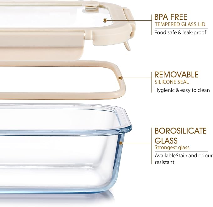 NUTRIUPS Glass Food Storage Containers with Glass Lids, 35 OZ, Set of 2 | Rectangle, 4 Cup, High Borosilicate Glass Meal Prep Containers