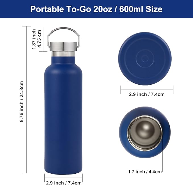 Neihepal 20 oz Insulated Water Bottles,Stainless Steel Double Wall Sport Bottle with Lid of Handle (8, Navy)