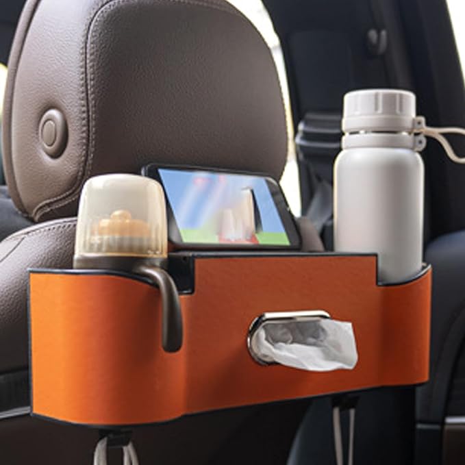 5-in-1 Car Backseat Organizer, 2026 Multifunctional Seat Back Storage Box with Cup Holder, Tissue Box, Phone Holder and 2 Hooks, Premium Leather Car Organizer for Tidy Car (Orange-1pc)