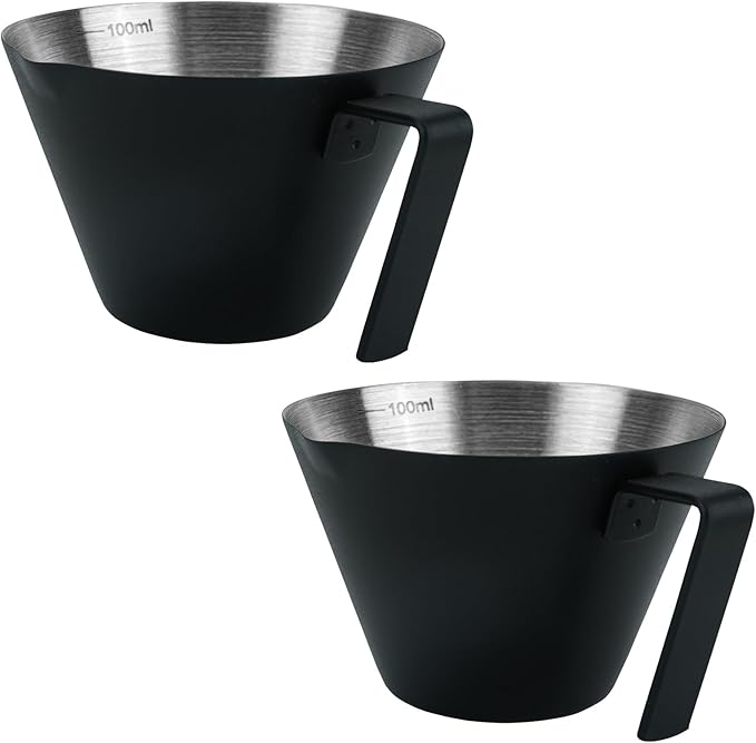 2Pcs Espresso Cups with Handle, WCHOSOZH 3.4OZ Espresso Accessories, Stainless Steel Spout Measuring Cup with Scale, Espresso Pouring Cup with V-Shaped Mouth (V-Deep Mouth - Black)