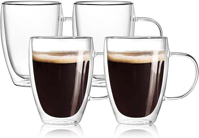 4-Pack 12 Oz Double Walled Glass Coffee Mugs with Handle, Insulated Layer Coffee Cups, Clear Borosilicate Glass Mugs, Gift for Cappuccino,Tea,Latte,Espresso,Hot Beverage,Wine, Microwave Safe, Set of 4
