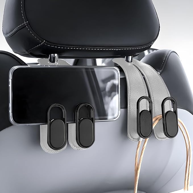 Car Seat Headrest Double Hook, 2PCS Multifunctional Soft Leather Vehicle Purses & Bags Holder, Hidden Design Automotive Interior Storage Hanger, Universal for SUV, Truck, RV (Grey)