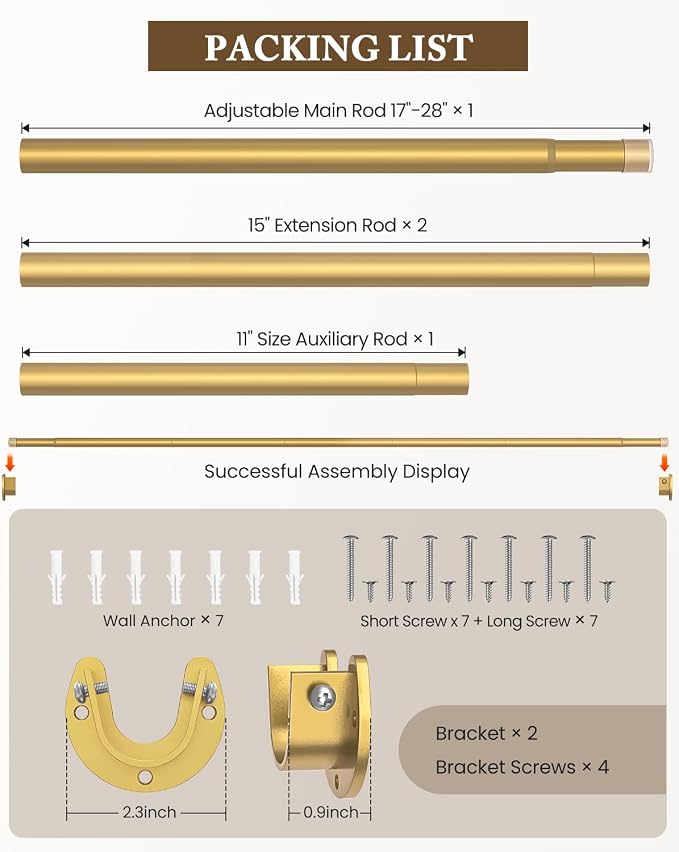 Heavy Duty Closet Rod, 17-69 IN Closet Rods for Hanging Clothes, Gold | Stepless Adjustable, Supports up to 66 lbs, Multiple Size Options, Easy Installation, Multi Purpose , Wall-Mounted