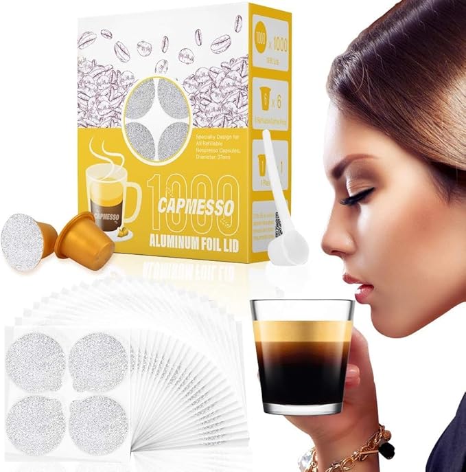 CAPMESSO Espresso Foils and Refillable Capsules-Seal Lids to Reusable Capsules Coffee Pod Compatible with Nespresso Original Line Machines (Silver -1000pcs Lids+6 pcs Pods)