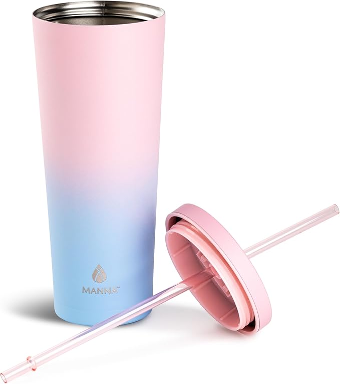 Manna Chilly Double-wall Vacuum Insulated Stainless Steel Tumbler with Splash-proof Lid and Reusable Tritan Straw - 24 Oz - Sky Blue Ombre