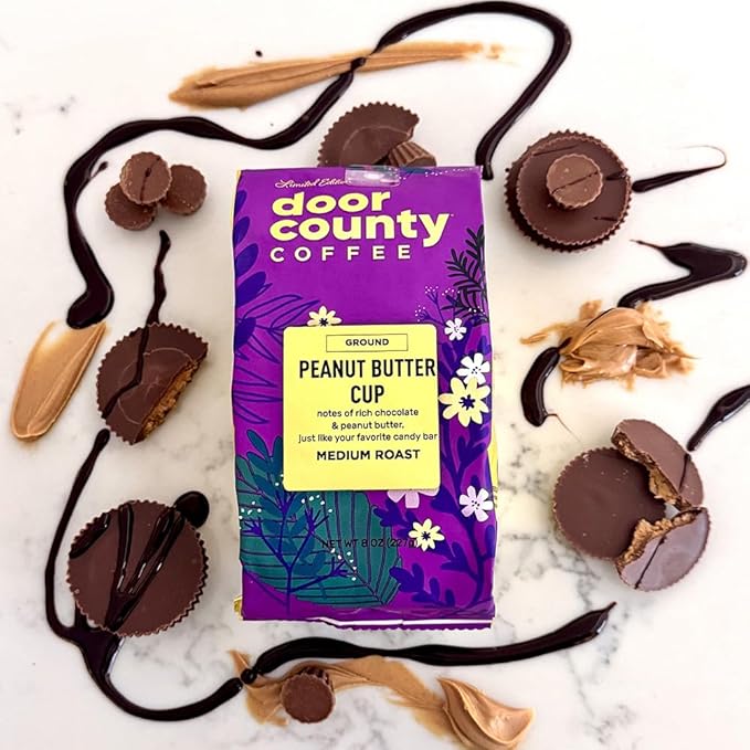 Door County Coffee Peanut Butter Cup Flavored Coffee Ground - 8 oz Bag - Spring & Summer Seasonal - Medium Roast - 100% Specialty Arabica - Peanut Butter & Chocolate