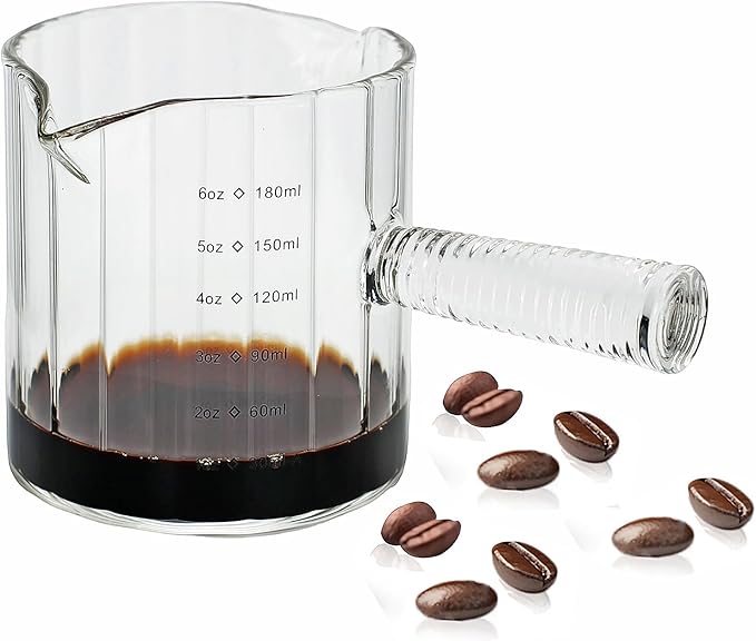 Glass Espresso Cup 6 OZ, Double Shots Measuring Cup with Glass Handle for Dishwasher Safe, Double V-Shaped Spout Milk Frothing Pitcher, Espresso Accessories for Machine, Demitasse Cups (Clear)