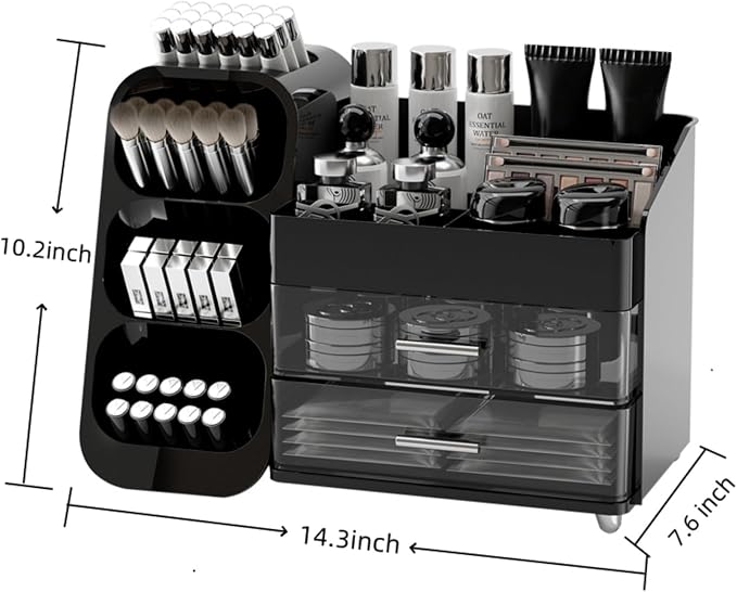 Makeup Organizer with Drawers,Large Capacity Countertop Organizer for Vanity,Bathroom and Bedroom Desk Cosmetics Organizer,Easy To Storage Skincare,Brushes,Lotions,Lipstick (Black)
