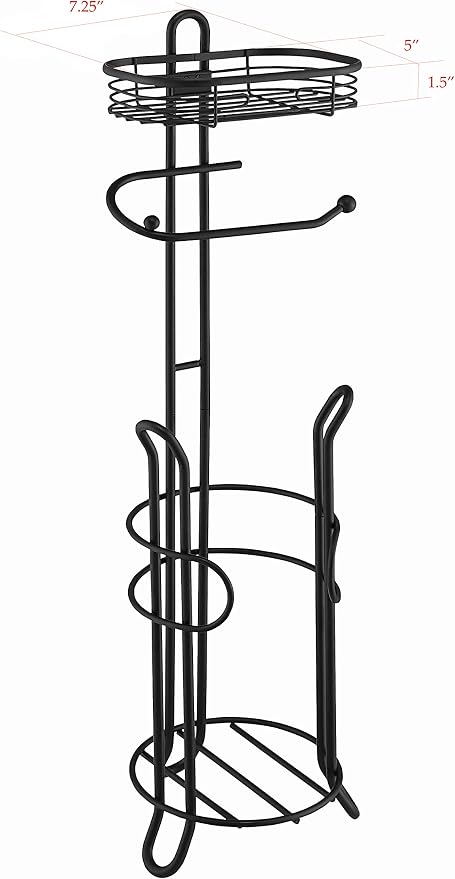 SunnyPoint Bathroom Heavyweight Toilet Tissue Paper Roll Storage Holder Stand with Reserve and Shelve, The Reserve Area Has Enough Space to Store Mega Rolls. (Black)