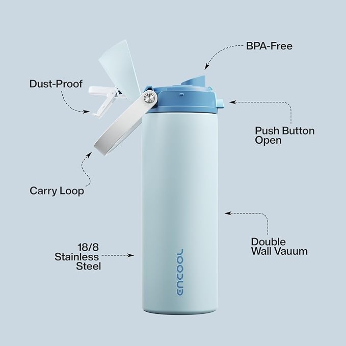 Insulated Water Bottle with Straw - Encool Stainless Steel Water Bottle with Push Button Lid, Leak-Proof & BPA-Free, Keeps Cold for 24 Hours for Sports, Travel, Gym (24 oz, Jungle Mist)