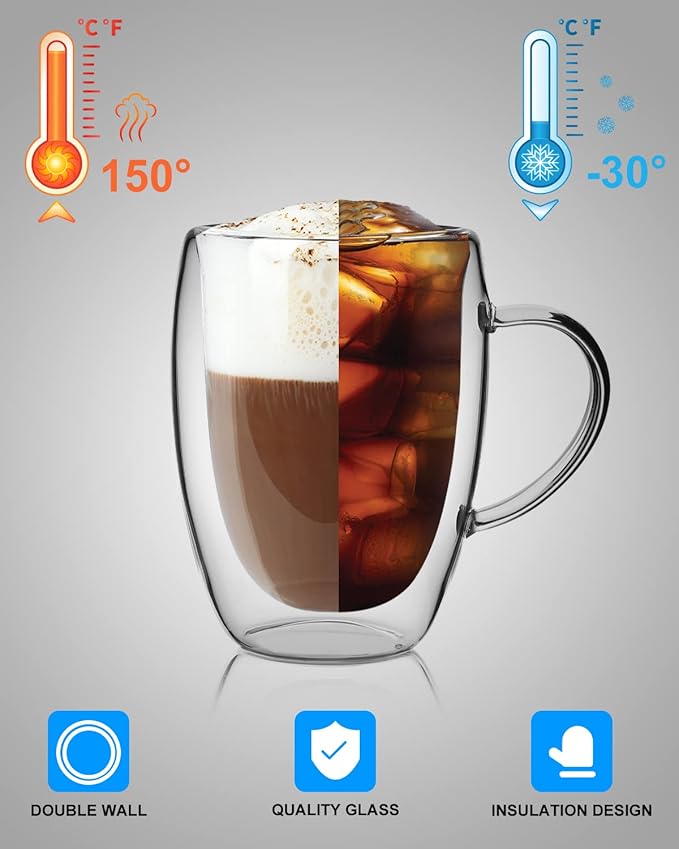 LIBWYS 12oz Double Walled Coffee Cups Glasses Mugs, Espresso Cappuccino Latte Tea Cups with Handle 350ml (2x350ml)