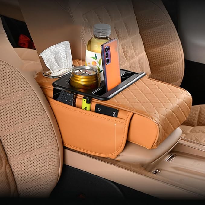 Car Center Console Armrest Pad for Nissan Kicks 2018–2025 2026 P16,Pu Leather Heightening Cushion with Cup Holder and Tissue Box,Multifunctional Organizer Accessories,Yellow