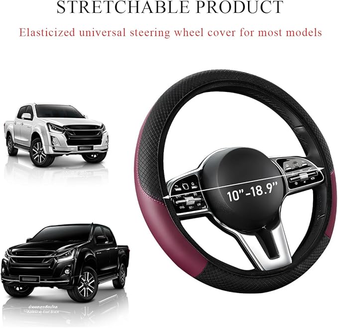 Elastic Steering Wheel Cover - Microfiber Leather Carbon Fiber Protector with Anti-Slip Lining, Interior Accessory (Wine Red, AD)