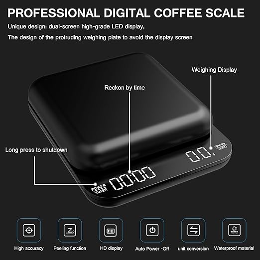 B-Qtech Mini Coffee Scale with Timer 3.5kg/0.1g High Precision Pour Over Espresso Scale Rechargeable Digital Portable Coffee Scale Black