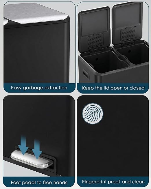ComfyCorner 16 Gal (2 x 30 L) Dual Trash Can, Stainless Steel Kitchen Garbage Bin, Recycle Dustbin with Odor Control Box, Soft-Close Lid, Inner Buckets, Side Handle, Step Pedal, for Home Office