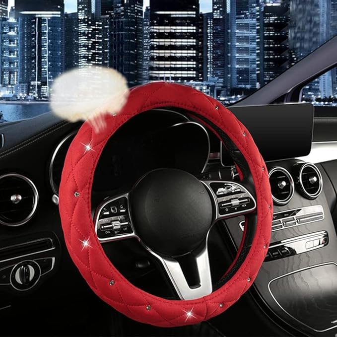 15Inch Leather Steering Wheel Cover Women Cute Bling Crown Steering Wheel Covers Universal fit Car (Red)