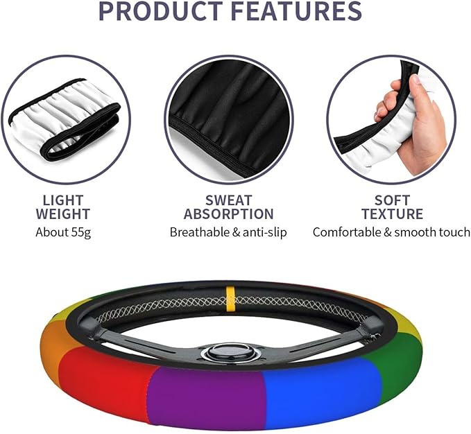 Gay Pride Steering Wheel Cover for Women Men Girls Car Accessories Decor Anti-Slip Neoprene Auto Steering Wheel Covers Protector Universal 15 Inch