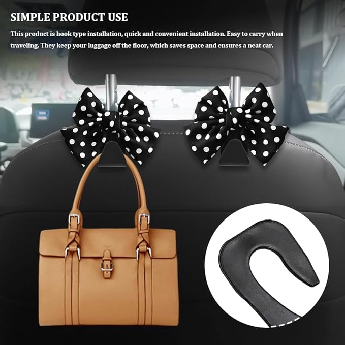 2PCS Car Seat Headrest Hooks, Purse Hook for Car, Bow Shaped Vehicle Backseat Storage Hooks, Universal Car Purse Holder Hook Car Accessories Compatible with Purse Coat (Black Wave Point)