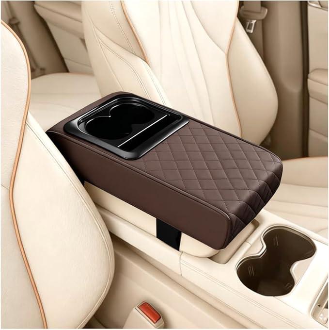 Car Center Console Armrest Pillow, Leather Vehicle Middle Console Protection Cushion with Cup & Phone Holder, Waterproof Automotive Arm Rest Box Cover, Universal Fit (Coffee Rhombus)