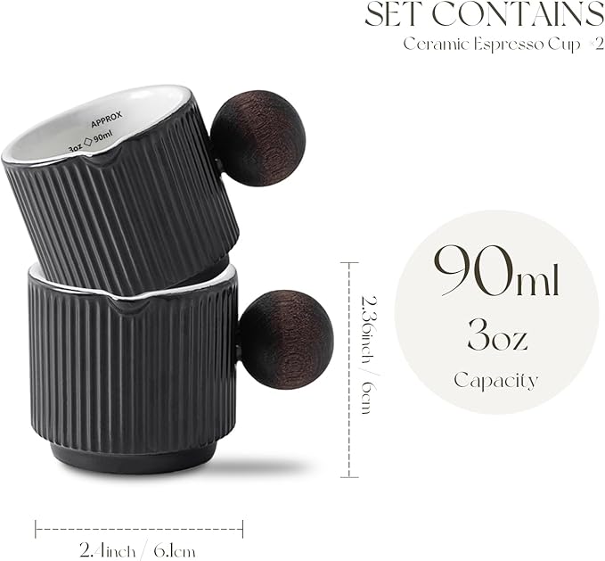 KEMORELA Demitasse Cups, Espresso Cups Set of 2, 3oz Double Spouts, Ceramic Espresso Cups, 90ml with Ounce & Milliliter Markings, Durable Heat-Resistant, Espresso Accessories for Coffee Lovers