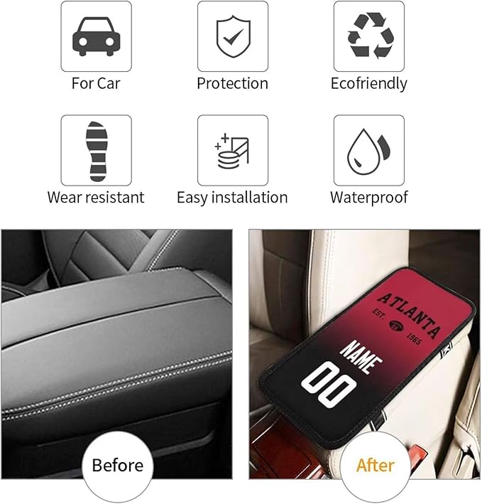 Custom Car Armrest Cover,Add Personalized Name and Number As Gifts for Loyal Football Fans,Auto Center Console Pad Car handrail Box Cushion,Fit for Most Car