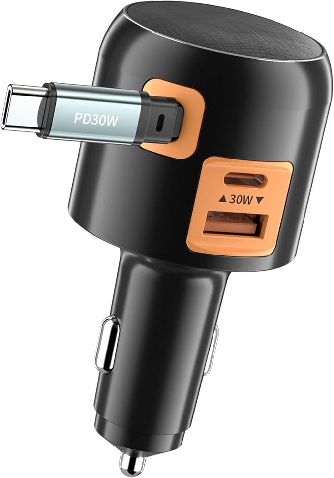 Retractable Car Charger USB C Fast Charge for iPhone 17 16 Car Charger, 60W Type C Built-in Retractable C Cable for iPhone Air/16/15 Series, iPad, Pixel and More