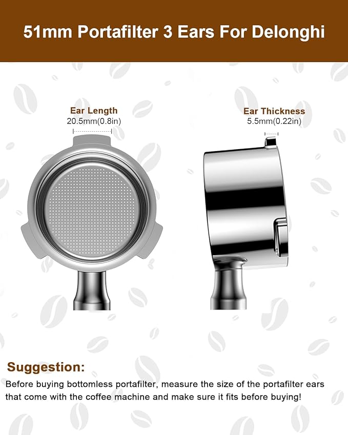51mm Bottomless Portafilter 3 Ears Compatible with Delonghi Dedica EC680/EC685/EC885 and SMEG, EUPA Espresso Machines, Espresso Naked Bottomless Portafilter with Puck Screen and 18g Filter Basket-Wood