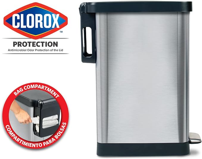 Glad Slim Trash Can with Clorox Odor Protection - Narrow Kitchen Garbage Bin with Soft Close Lid, Step On Foot Pedal and Waste Bag Roll Holder, Stainless Steel, 12 Gallon/45 Liter