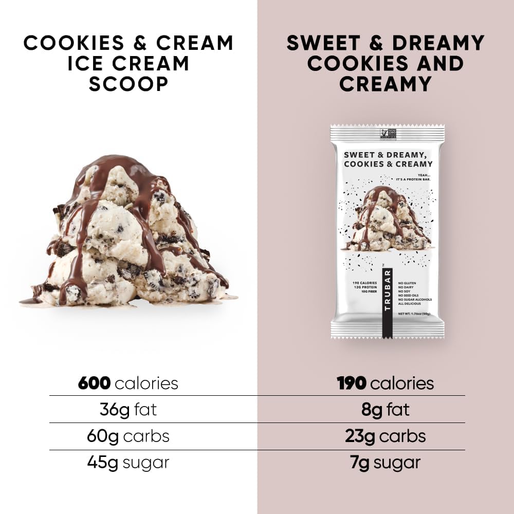 TRUBAR Vegan Protein Bar, Sweet & Dreamy Cookies and Creamy, Gluten Free, Plant Based Protein, Dairy Free, Non GMO, Soy Free, No Sugar Alcohols, 12G Protein, 12G Fiber, 23G Carb,Snack Bars, 12ct