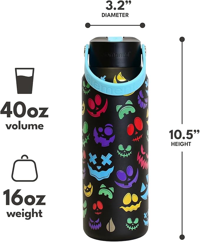 Elemental 40oz Insulated Water Bottle with Straw - 100% Leak-Proof Stainless Steel Core Water Bottles for Travel, Sports and Gym - Double Wall Insulation & BPA Free - Pumpkin Grins