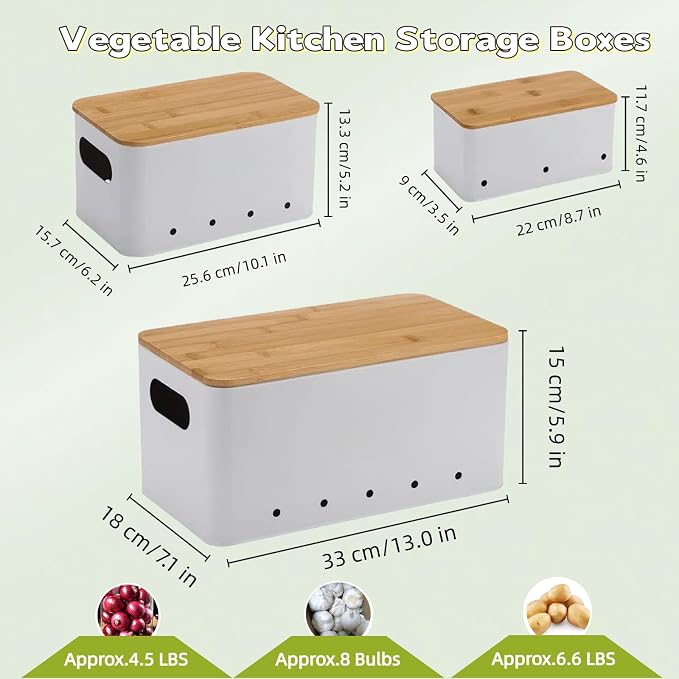 Modern kitchen storage container, stacked metal storage box, 3-piece set with wooden lid design, onion, garlic, potato metal cans, breathable storage box (White)