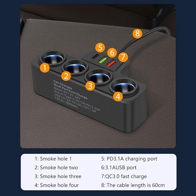 Portable Car Charger 12V/24V Power Socket Splitter Fast Charging Adapter 120W