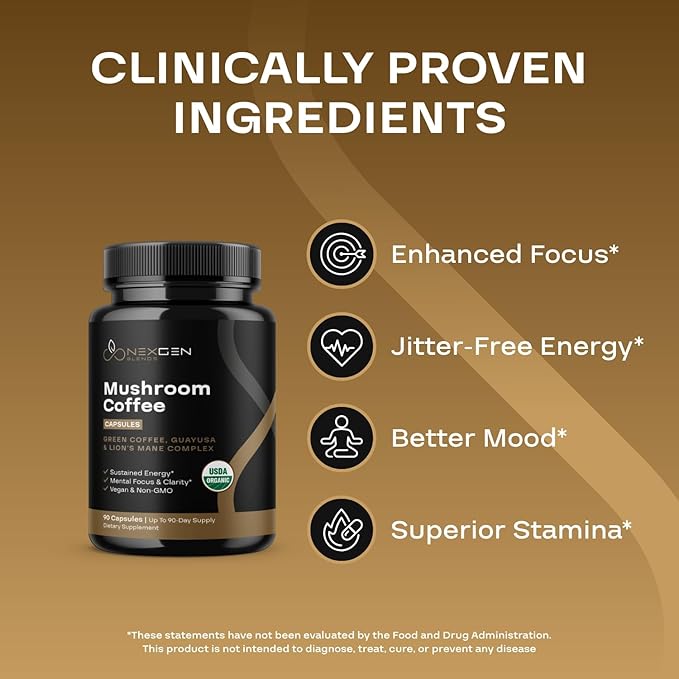 100% Organic Mushroom Coffee Capsules - Natural Energy Supplement with 130mg Caffeine from Clinically Proven Patented Green Coffee Bean & Guayusa Extracts for Jitter-Free Energy & Focus (90 Servings)