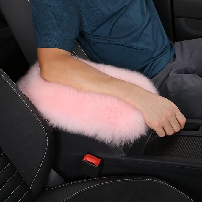 Wool Car Center Console Cover,Universal Fluffy Sheepskin Car Armrest Pad,Car Interior Accessory for Women Men,Armrest Cover Protector for Cars,Vehicles,SUV Pink