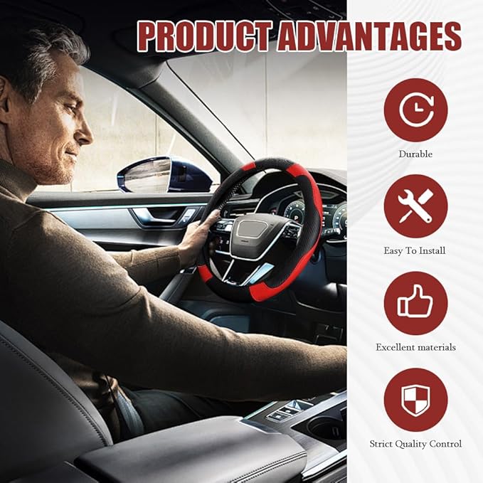 Car Steering Wheel Cover, Steering Wheel Protector, Universal 14.5-15 Inch Microfiber Leather Breathable Auto Steering Wheel Covers, Carbon Fiber Steering Wheel Cover for Women Men (Red)