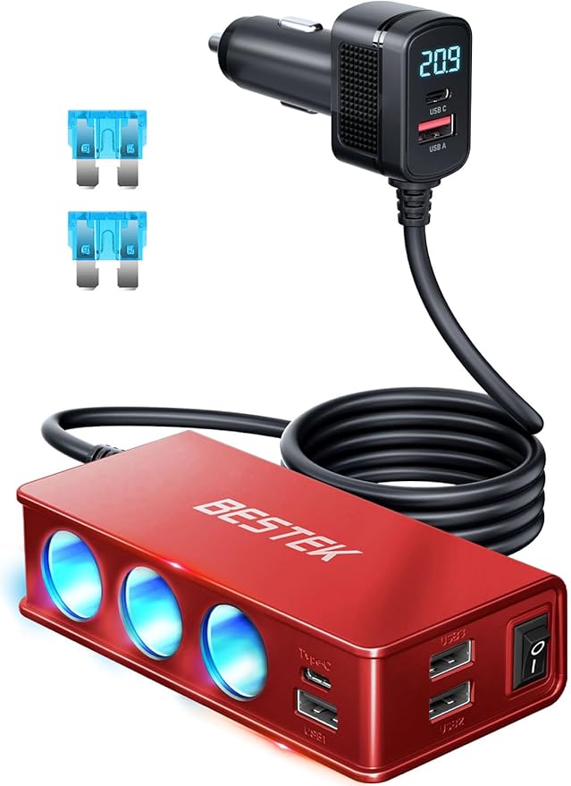 BESTEK Cigarette Lighter Splitter Adapter: 9 in 1 Car Charger 148W 3-Socket PD 30W and QC3.0 18W Charging Ports LED Display Super Fast Charger for 12V/24V red
